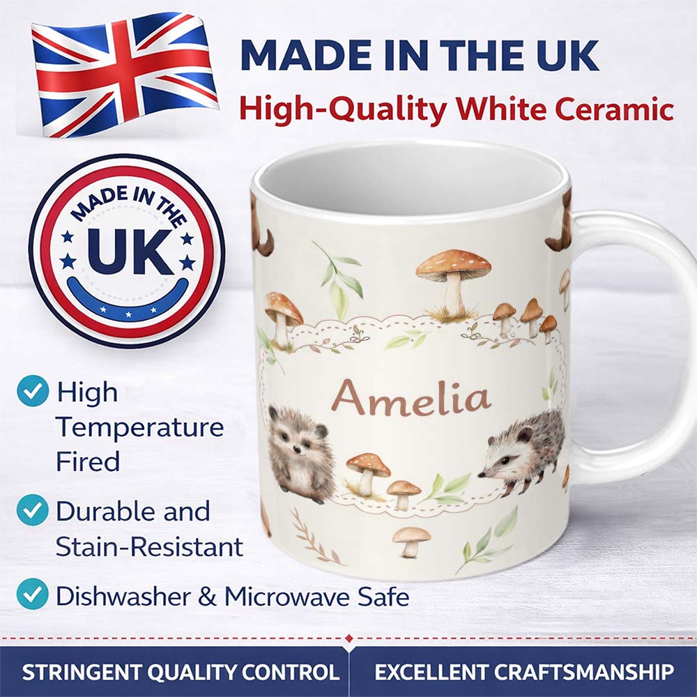 Personalized Custom Name Cute Woodland Hedgehog Mushrooms Leaves Seamless Pattern Warm Beige 11oz Ceramic Coffee Tea Mug White Large Handle