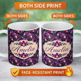 Personalized Custom Name Rich Purple Orchid Floral Pattern on Dark Background Elegant Lovely 11oz Ceramic Coffee Tea Mug White Large Handle