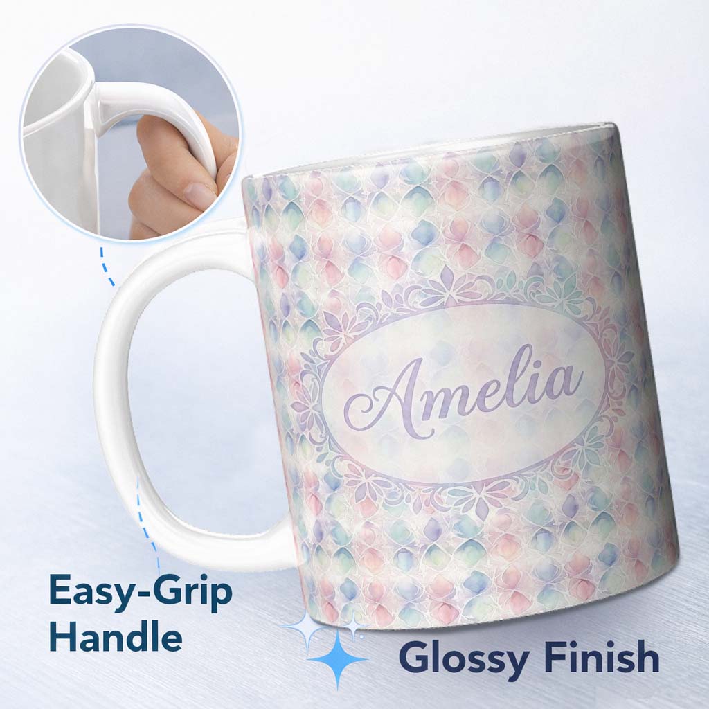 Personalized Custom Name Soft Pastel Geometric Floral Pattern Light Multicolour Seamless 11oz Ceramic Coffee Tea Mug White Large Handle