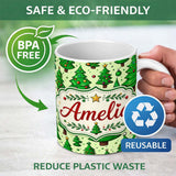 Personalized Custom Name Cartoon Style Christmas Trees with Ornaments and Stars Cute Seamless 11oz Ceramic Coffee Tea Mug White Large Handle