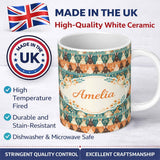 Personalized Custom Name Vintage Style Bunny Rose Garden Seamless Pattern Cute Unique Gift 11oz Ceramic Coffee Tea Mug White Large Handle