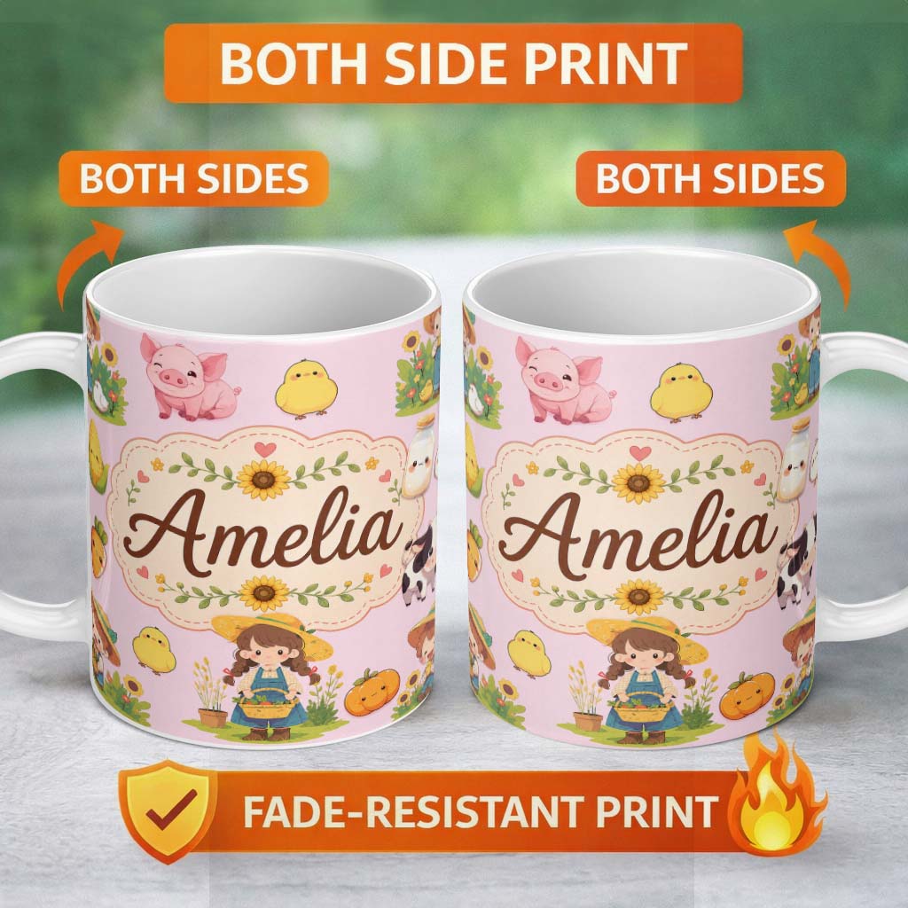 Custom Name Cute Farm Girl Animals Harvest Seamless Pattern Pink Background 11oz Ceramic Coffee Tea Mug White Large Handle