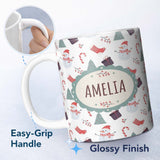 Personalized Custom Name Cute Snowman Candy Cane Gifts and Christmas Tree Minimal Seamless 11oz Ceramic Coffee Tea Mug White Large Handle
