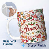 Personalized Custom Name Cute Christmas Santa Gifts Snowman Candy Seamless Pattern Lovely 11oz Ceramic Coffee Tea Mug White Large Handle