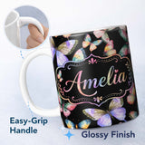 Personalized Custom Name Colorful Watercolor Butterflies on Black Background Seamless 11oz Ceramic Coffee Tea Mug White Large Handle