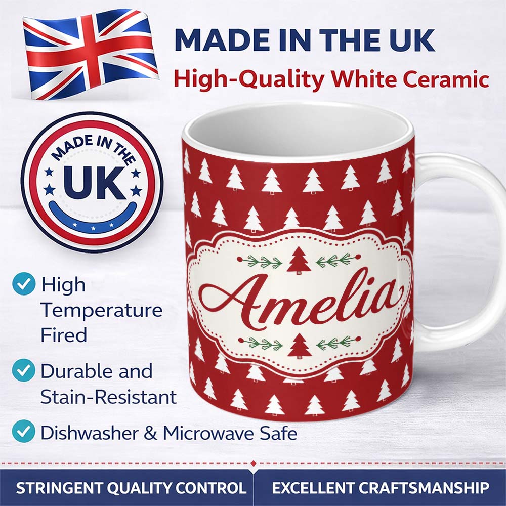 Personalized Custom Name Simple White Christmas Trees Red Background Seamless Pattern Lovely 11oz Ceramic Coffee Tea Mug White Large Handle