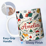 Personalized Custom Name Cute Santa Reindeer Gift Box Pine Branch Seamless Pattern Lovely 11oz Ceramic Coffee Tea Mug White Large Handle