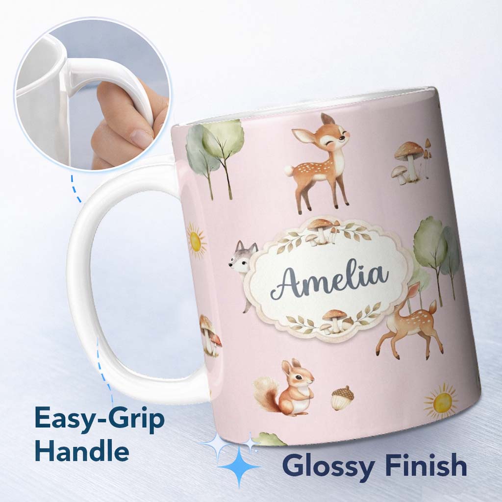 Personalized Custom Name Woodland Deer Fox Squirrel Trees Mushrooms Sun Soft Pink Seamless 11oz Ceramic Coffee Tea Mug White Large Handle