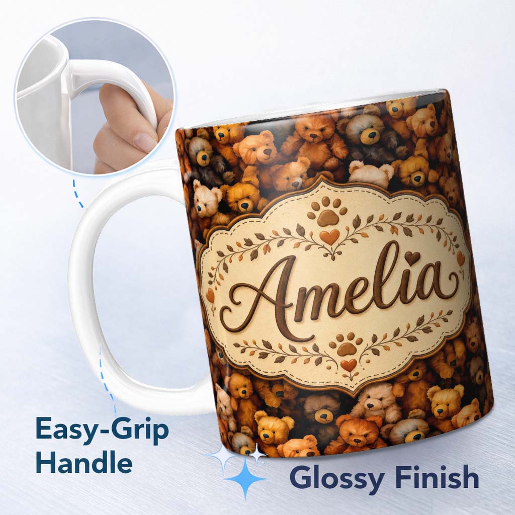 Personalized Custom Name Realistic Plush Teddy Bear Collection Warm Tones Seamless Pattern 11oz Ceramic Coffee Tea Mug White Large Handle