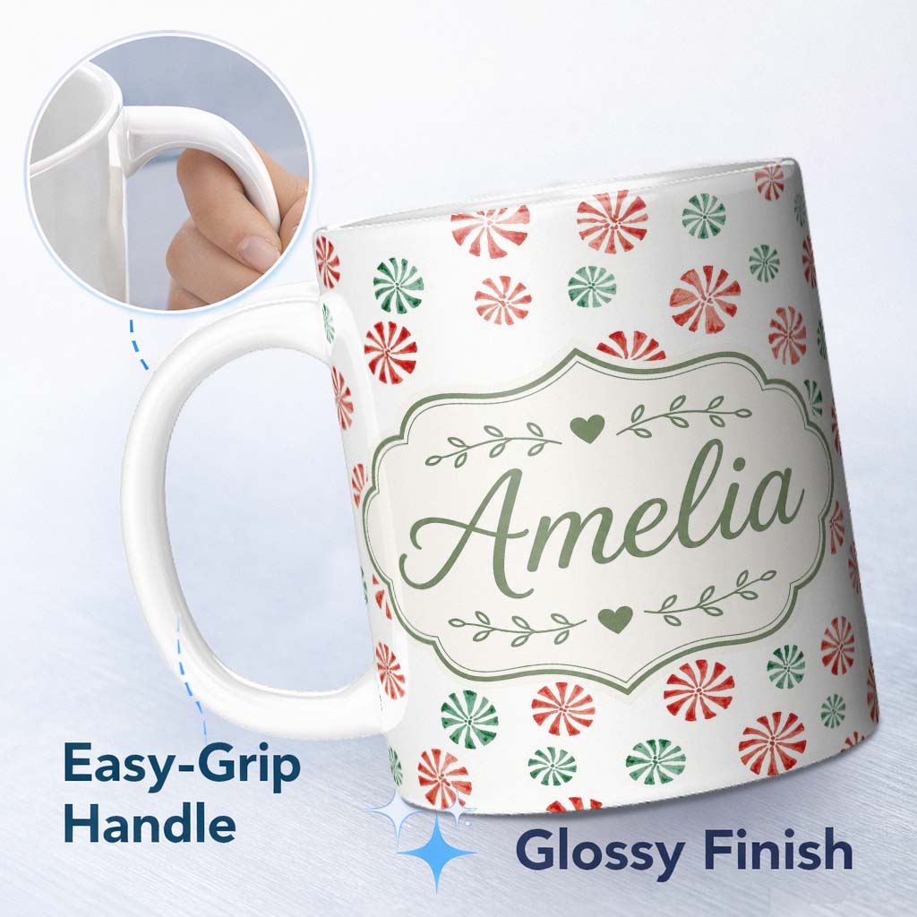Personalized Custom Name Festive Candy Swirl Red and Green Peppermint Seamless Pattern Lovely 11oz Ceramic Coffee Tea Mug White Large Handle