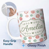 Personalized Custom Name Festive Candy Swirl Red and Green Peppermint Seamless Pattern Lovely 11oz Ceramic Coffee Tea Mug White Large Handle