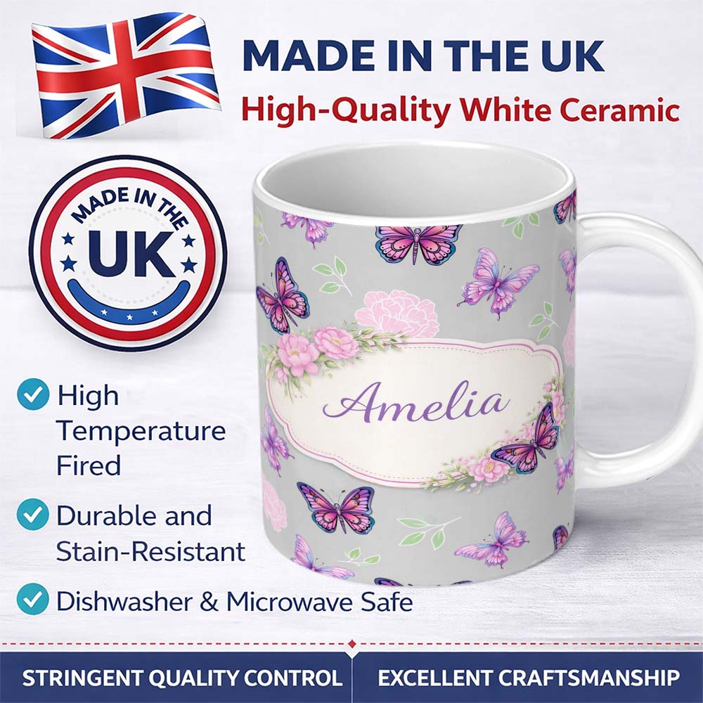 Personalized Custom Name Pink Purple Butterfly Floral Grey Background Seamless Pattern Lovely 11oz Ceramic Coffee Tea Mug White Large Handle
