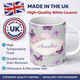 Personalized Custom Name Pink Purple Butterfly Floral Grey Background Seamless Pattern Lovely 11oz Ceramic Coffee Tea Mug White Large Handle