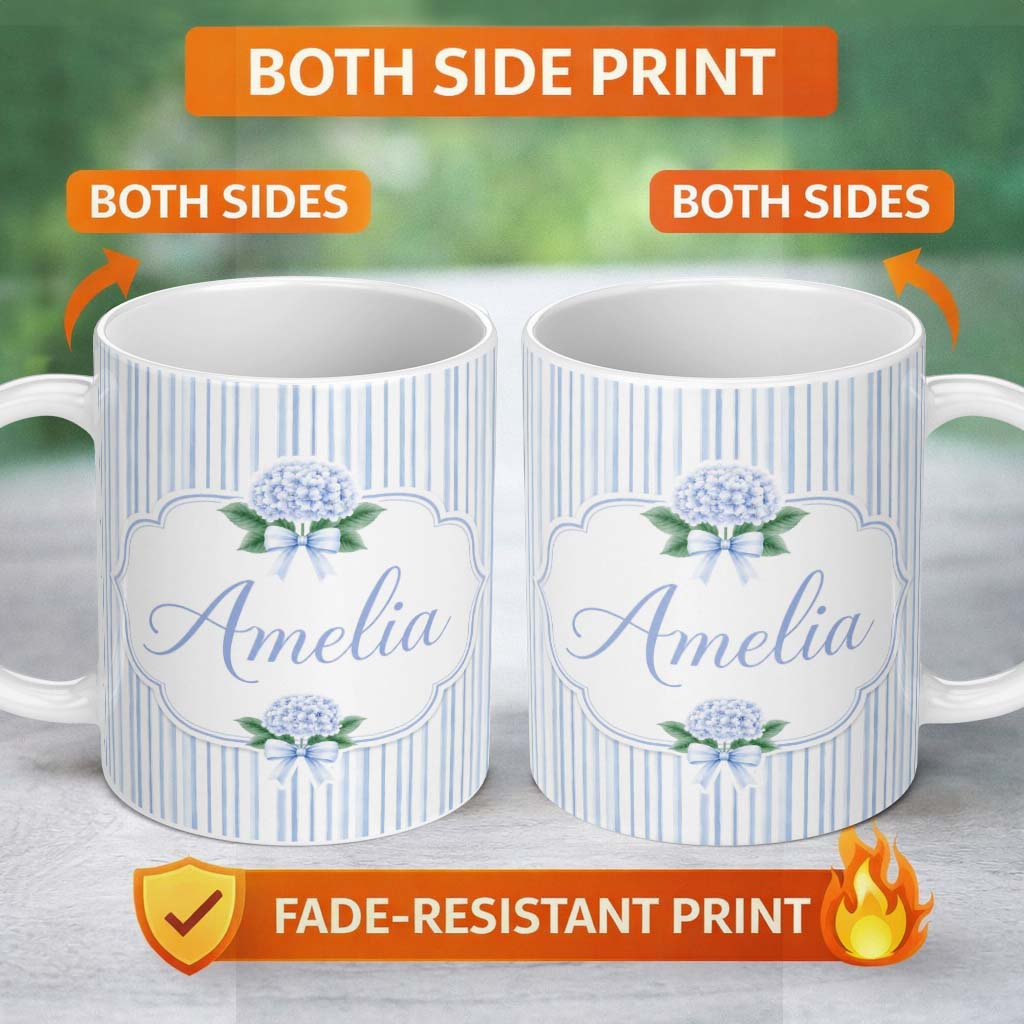 Personalized Custom Name Blue Vertical Stripe Classic Seamless Pattern Perfect Gift for Her 11oz Ceramic Coffee Tea Mug White Large Handle