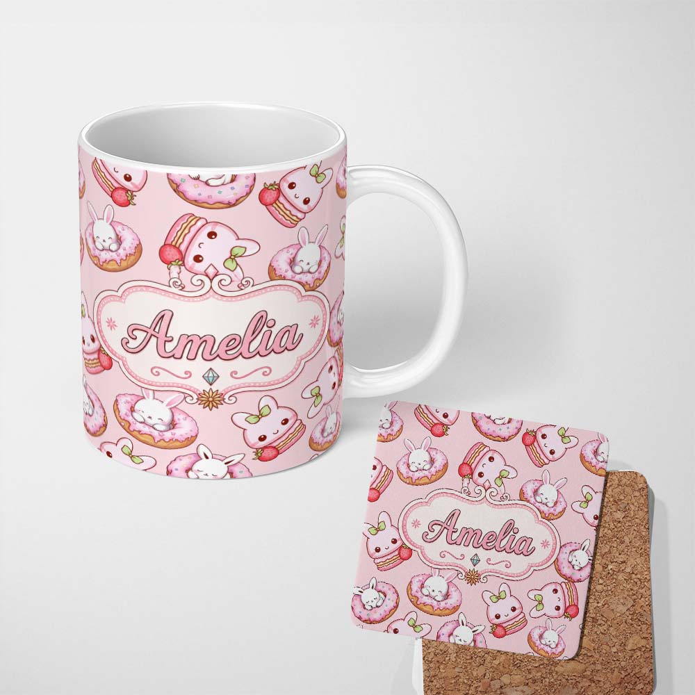 Personalized Custom Name Cute Kawaii Bunny Donuts Strawberry Dessert Pattern Blush Pink 11oz Ceramic Coffee Tea Mug White Large Handle