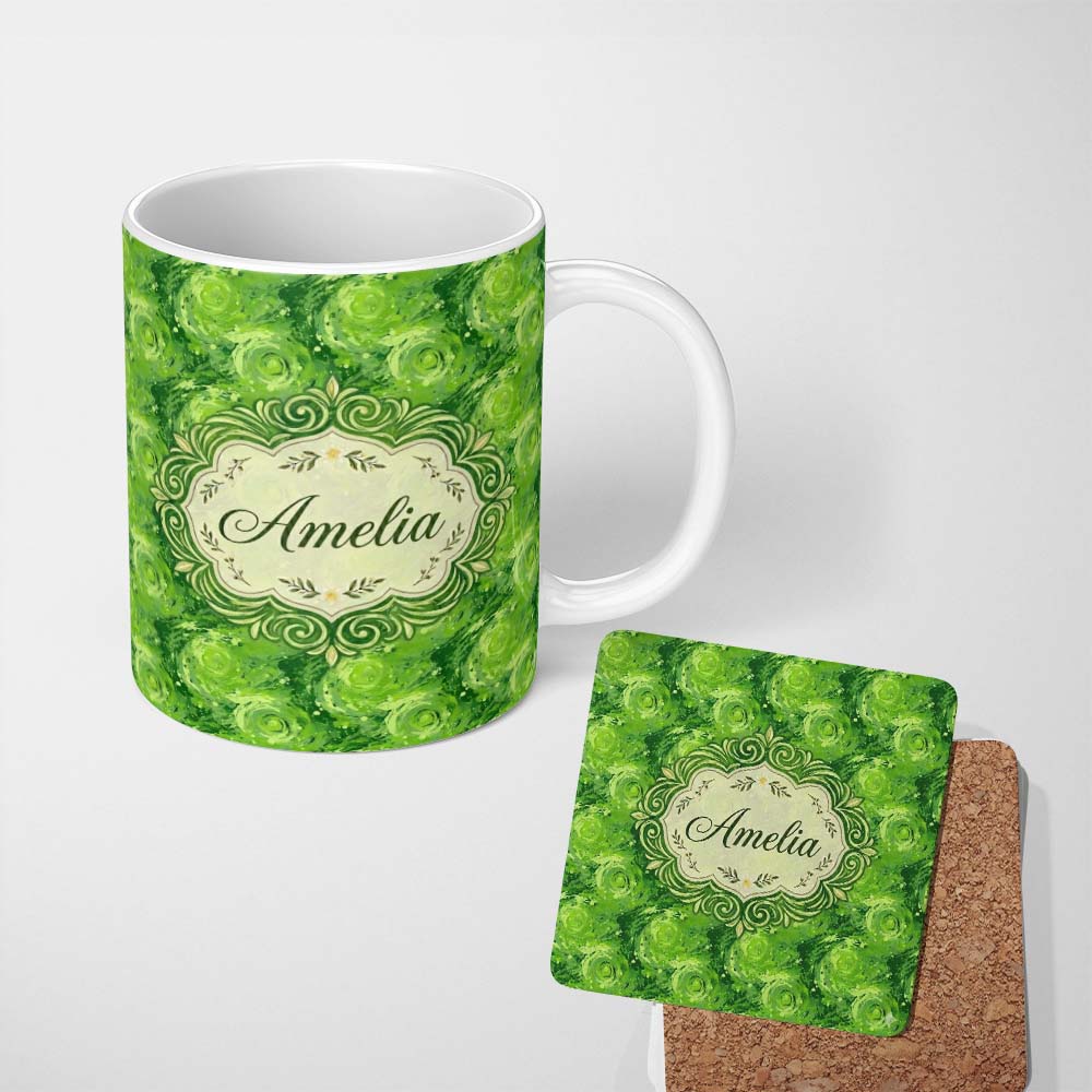 Personalized Custom Name Abstract Green Swirl Painterly Seamless Pattern Thoughtful Gift Idea 11oz Ceramic Coffee Tea Mug White Large Handle
