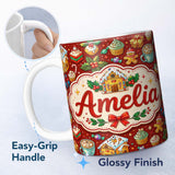 Personalized Custom Name Gingerbread House Cupcake Cocoa Holly Christmas Treats Seamless 11oz Ceramic Coffee Tea Mug White Large Handle