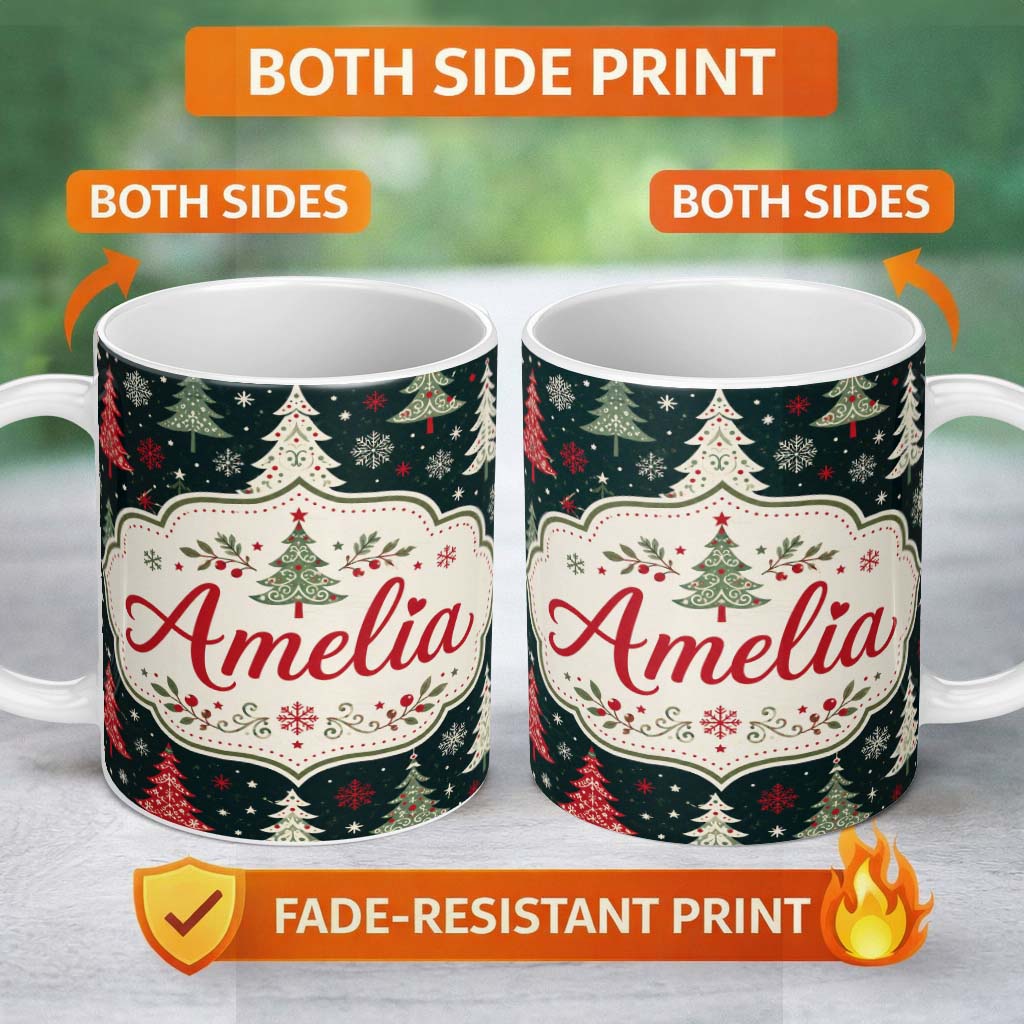 Personalized Custom Name Cute Nordic Christmas Trees Snowflake Dark Background Seamless 11oz Ceramic Coffee Tea Mug White Large Handle