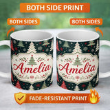Personalized Custom Name Cute Nordic Christmas Trees Snowflake Dark Background Seamless 11oz Ceramic Coffee Tea Mug White Large Handle