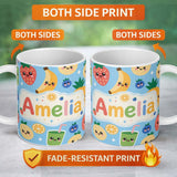 Personalized Custom Name Cute Kawaii Fruits Smoothie Banana Strawberry Pineapple Seamless 11oz Ceramic Coffee Tea Mug White Large Handle