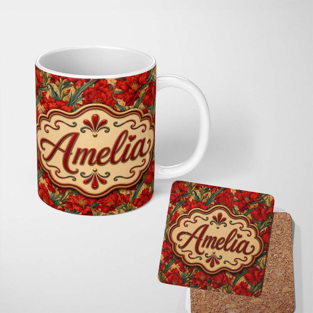 Personalized Custom Name Vintage Red Lily Floral Beige Background Seamless Pattern Lovely 11oz Ceramic Coffee Tea Mug White Large Handle