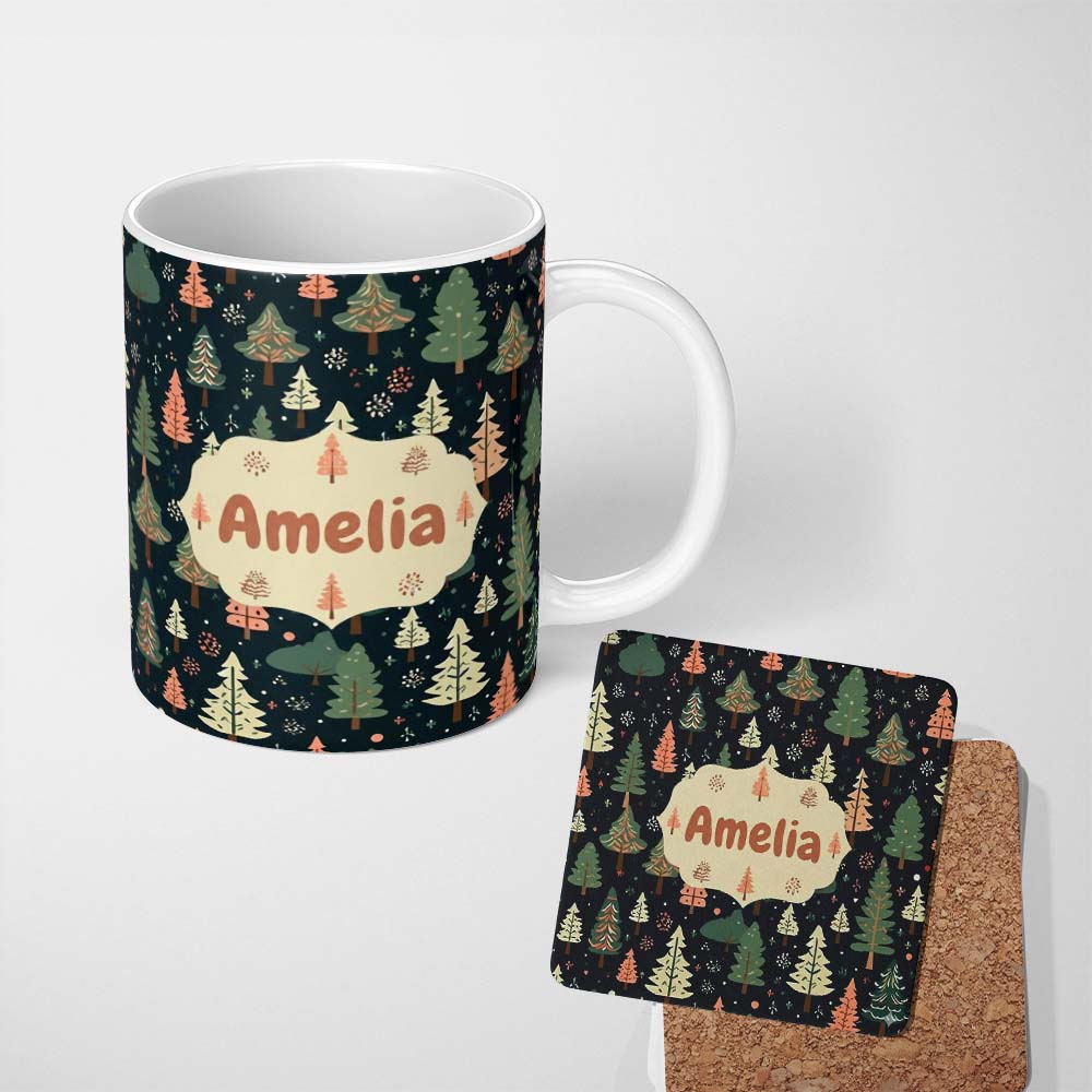 Personalized Custom Name Winter Forest Christmas Trees with Snowflakes on Dark Background 11oz Ceramic Coffee Tea Mug White Large Handle