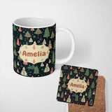 Personalized Custom Name Winter Forest Christmas Trees with Snowflakes on Dark Background 11oz Ceramic Coffee Tea Mug White Large Handle