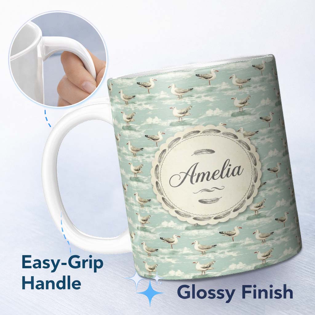 Personalized Custom Name Seagulls Walking on Beach with Gentle Waves Seamless Pattern Lovely 11oz Ceramic Coffee Tea Mug White Large Handle