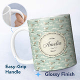 Personalized Custom Name Seagulls Walking on Beach with Gentle Waves Seamless Pattern Lovely 11oz Ceramic Coffee Tea Mug White Large Handle