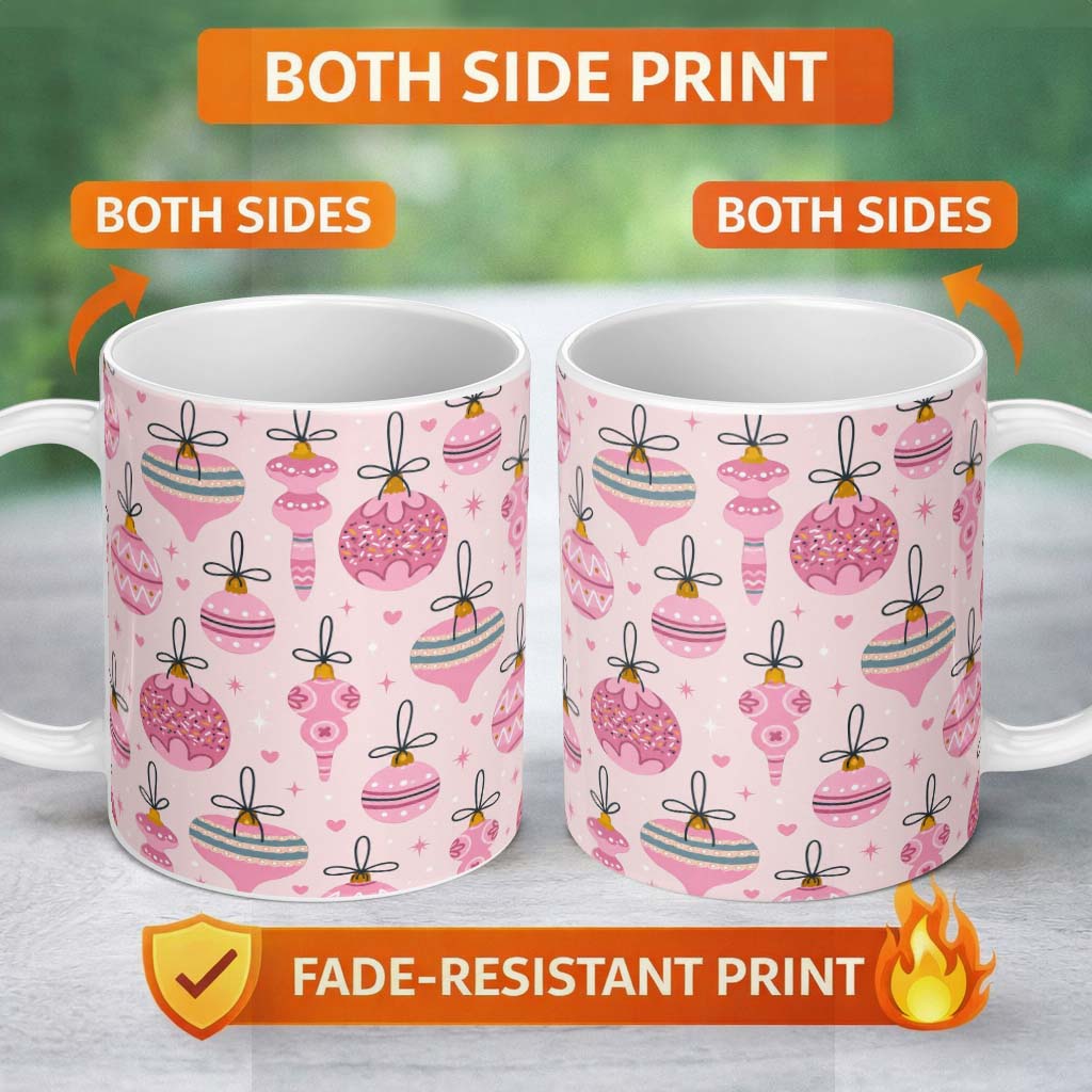 Personalized Custom Name Cute Pink Christmas Baubles Ornament Seamless Pattern Lovely 11oz Ceramic Coffee Tea Mug White Large Handle