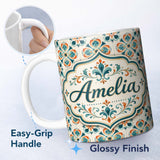Personalized Custom Name Decorative Floral Tile Pattern Teal Orange and Cream Seamless Lovely 11oz Ceramic Coffee Tea Mug White Large Handle