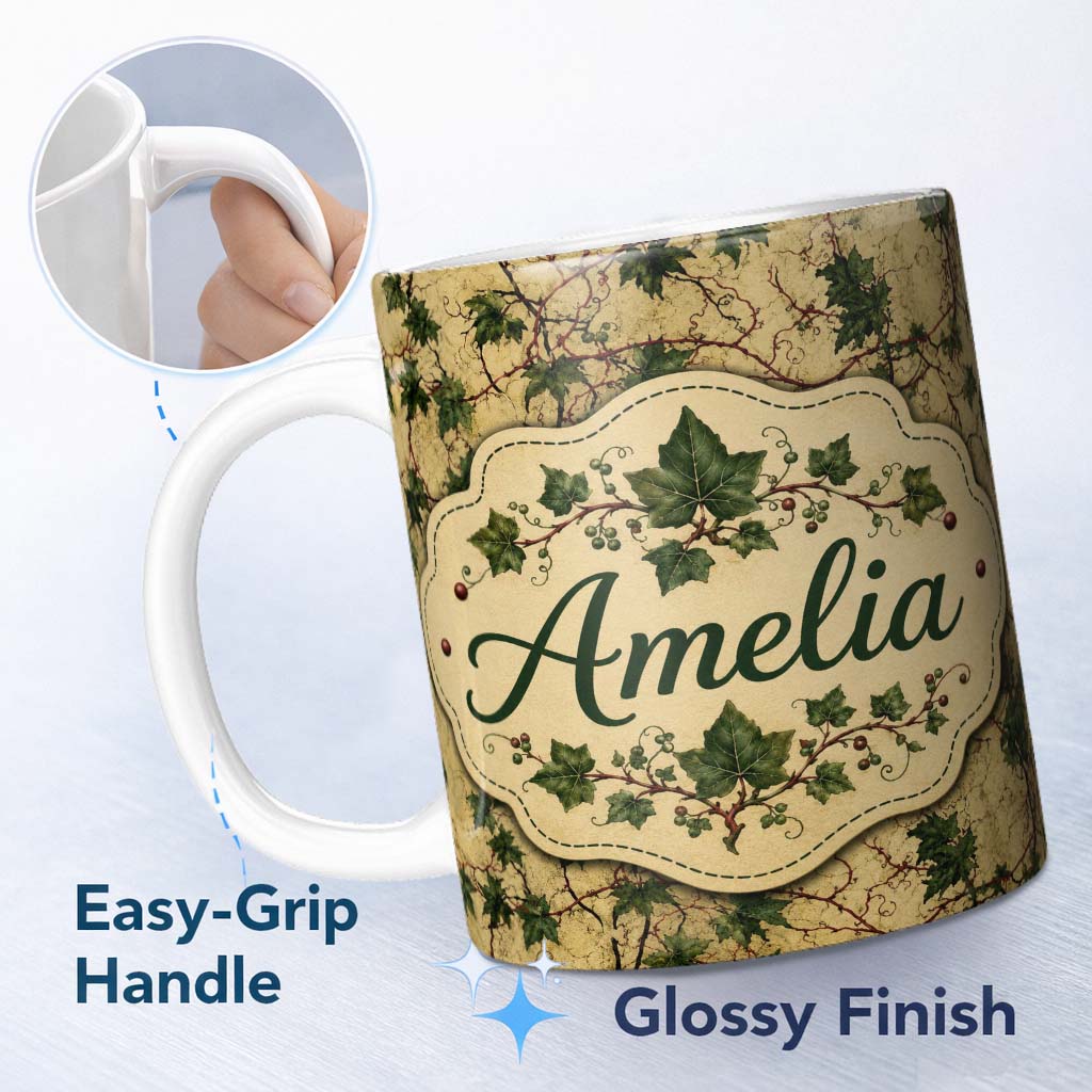 Personalized Custom Name Vintage Maple Leaf Branches on Textured Beige Seamless Pattern 11oz Ceramic Coffee Tea Mug White Large Handle