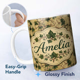 Personalized Custom Name Vintage Maple Leaf Branches on Textured Beige Seamless Pattern 11oz Ceramic Coffee Tea Mug White Large Handle