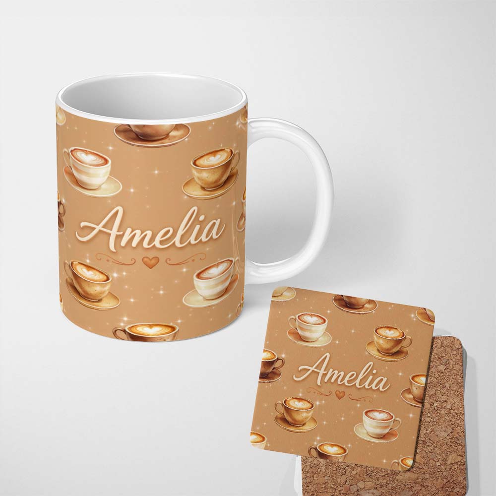 Personalized Custom Name Coffee Latte Cappuccino Cup Seamless Pattern on Beige Background 11oz Ceramic Coffee Tea Mug White Large Handle