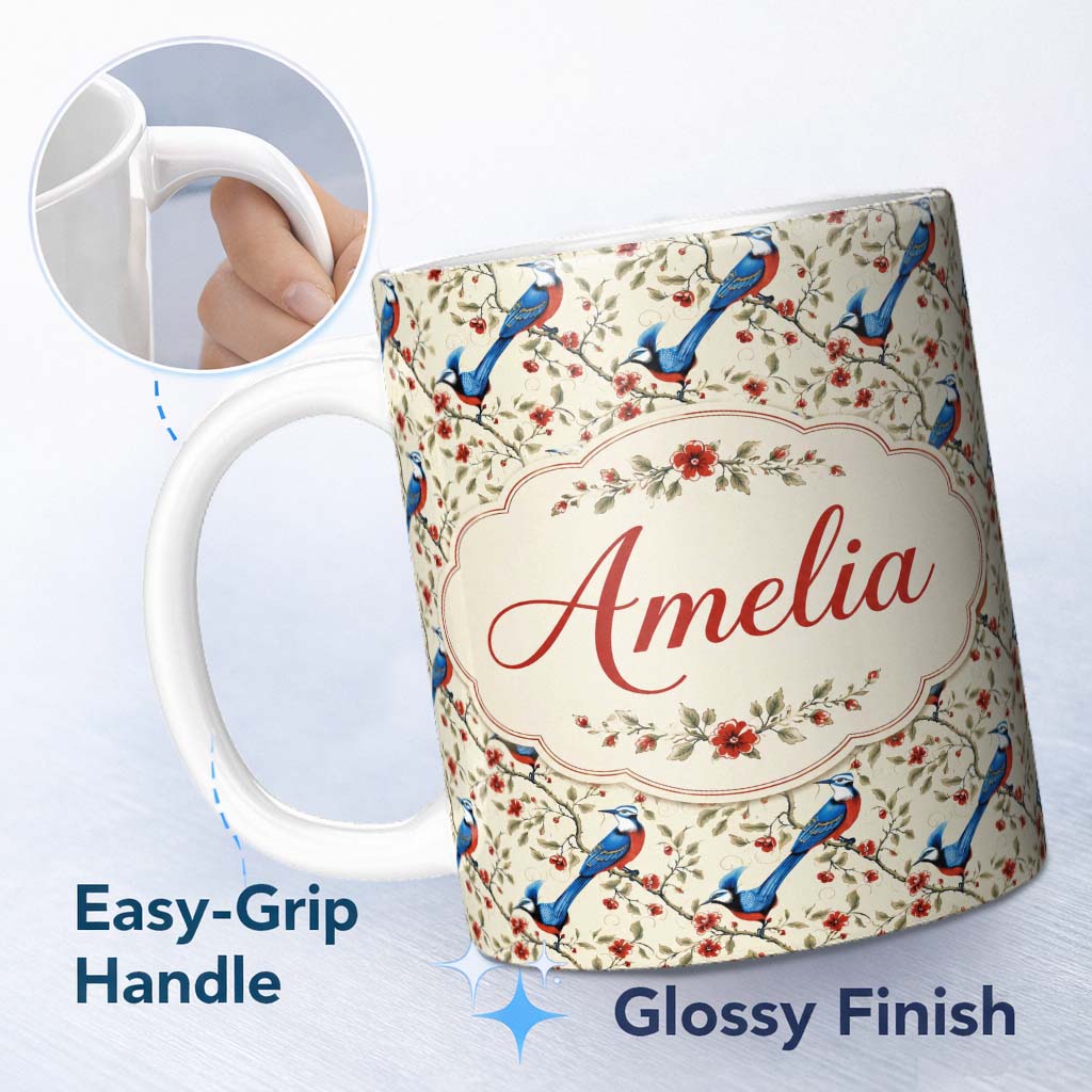 Personalized Custom Name Elegant Blue and Red Birds with Floral Branch Seamless Pattern 11oz Ceramic Coffee Tea Mug White Large Handle