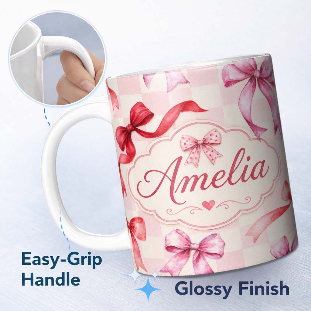 Personalized Custom Name Watercolor Ribbon Bow Seamless Pattern on Pink Gingham Background 11oz Ceramic Coffee Tea Mug White Large Handle