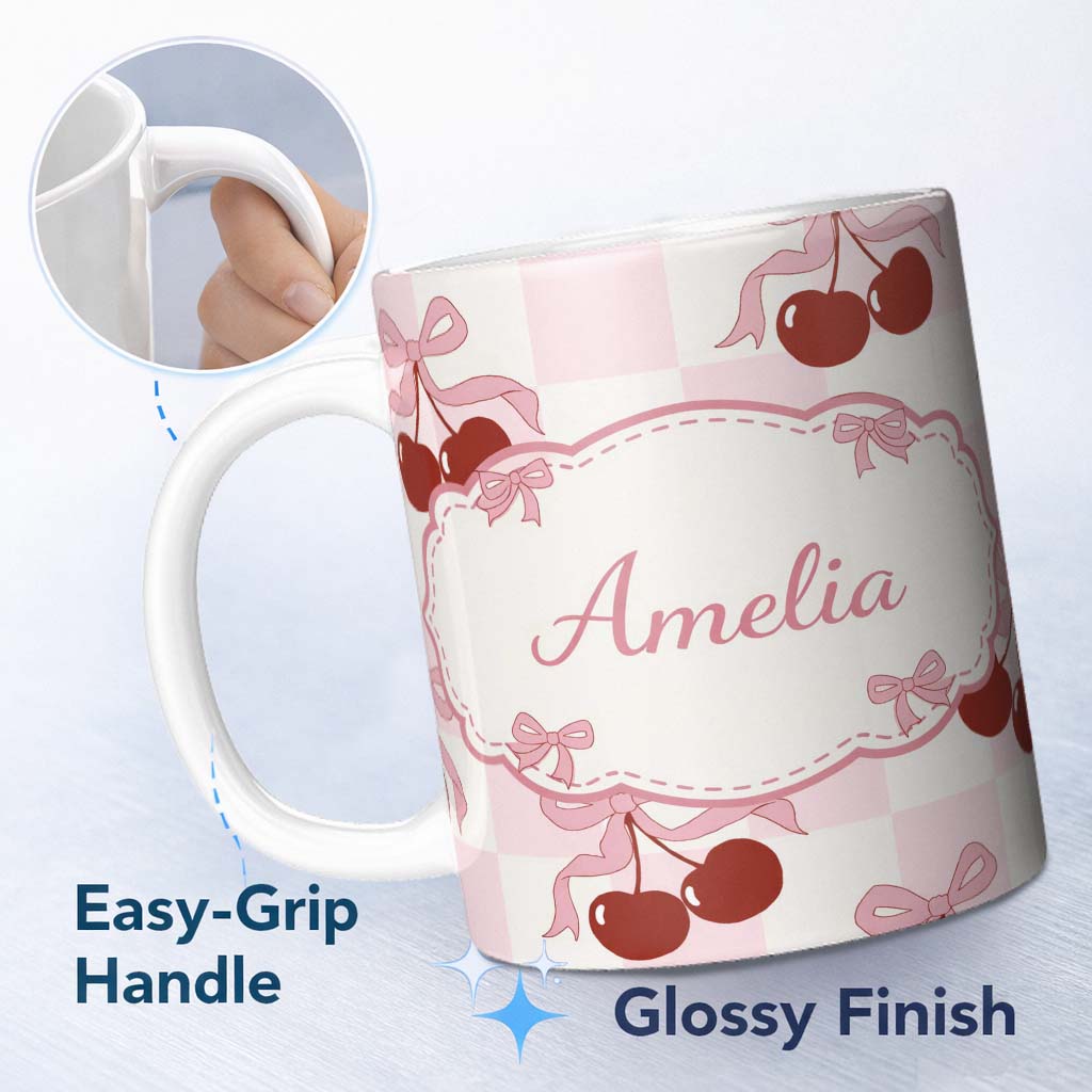 Personalized Custom Name Cherry Bow Ribbon Cute Pink Gingham Picnic Check Seamless Pattern 11oz Ceramic Coffee Tea Mug White Large Handle