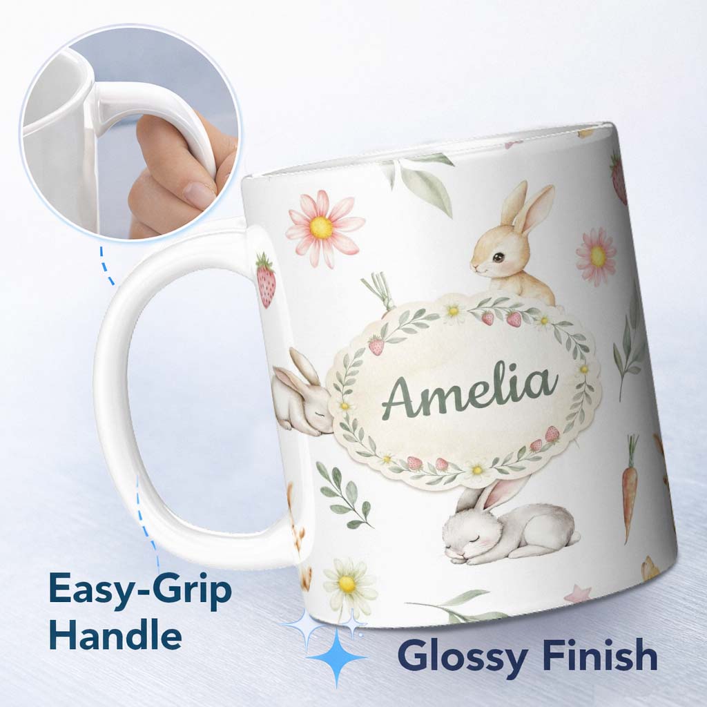 Personalized Custom Name Bunny Rabbits with FlowersCarrots and Butterflies Soft Neutral Grey 11oz Ceramic Coffee Tea Mug White Large Handle