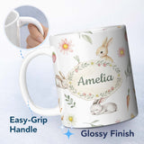 Personalized Custom Name Bunny Rabbits with FlowersCarrots and Butterflies Soft Neutral Grey 11oz Ceramic Coffee Tea Mug White Large Handle