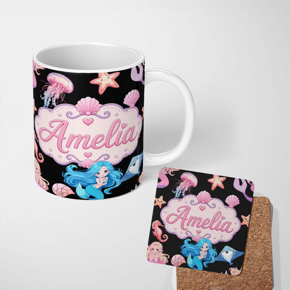 Personalized Custom Name Cute Blue Hair Mermaid Jellyfish Seahorse on Black Background Lovely 11oz Ceramic Coffee Tea Mug White Large Handle