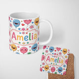 Personalized Custom Name Cute Colorful Balloons Hearts and Starbursts Party Seamless Pattern 11oz Ceramic Coffee Tea Mug White Large Handle