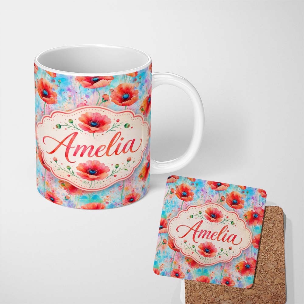 Personalized Custom Name Bright Poppy Flowers on Soft Blue Watercolor Background Seamless 11oz Ceramic Coffee Tea Mug White Large Handle
