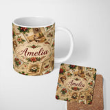 Personalized Custom Name Vintage Christmas Postcards Floral Letters Collage Seamless Pattern 11oz Ceramic Coffee Tea Mug White Large Handle
