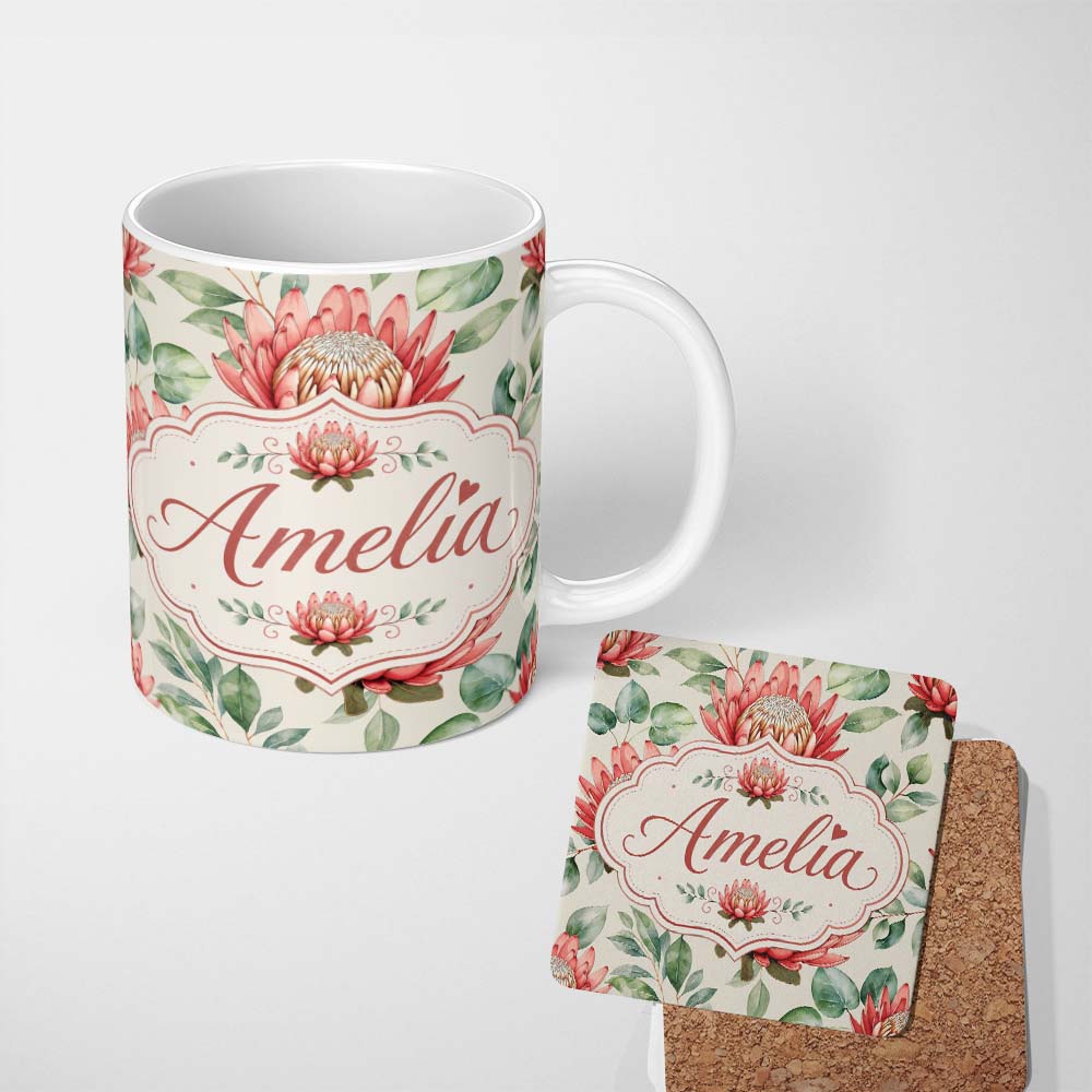 Personalized Custom Name Coral Protea Flowers with Green Leaves Seamless Botanical Pattern 11oz Ceramic Coffee Tea Mug White Large Handle