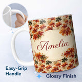 Personalized Custom Name Vintage Fleur de Lis Pattern in Soft Sage Green and Warm Beige 11oz Ceramic Coffee Tea Mug White Large Handle