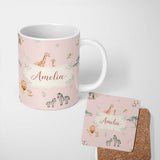 Personalized Custom Name Cute Safari Animals Giraffe Lion Zebra Parrot Pattern Blush Pink 11oz Ceramic Coffee Tea Mug White Large Handle