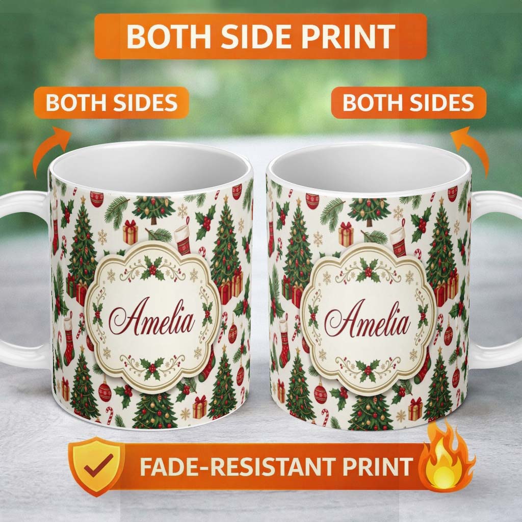 Personalized Custom Name Christmas Holly Gift Tree Bell Festive Seamless Pattern Lovely 11oz Ceramic Coffee Tea Mug White Large Handle
