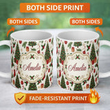 Personalized Custom Name Christmas Holly Gift Tree Bell Festive Seamless Pattern Lovely 11oz Ceramic Coffee Tea Mug White Large Handle