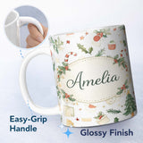 Personalized Custom Name Rustic Christmas Elements Holly Candy Cane Pattern Seamless Design 11oz Ceramic Coffee Tea Mug White Large Handle