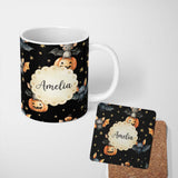Personalized Custom Name Cute Halloween Bats Sitting on Pumpkins with Stars Black Background 11oz Ceramic Coffee Tea Mug White Large Handle